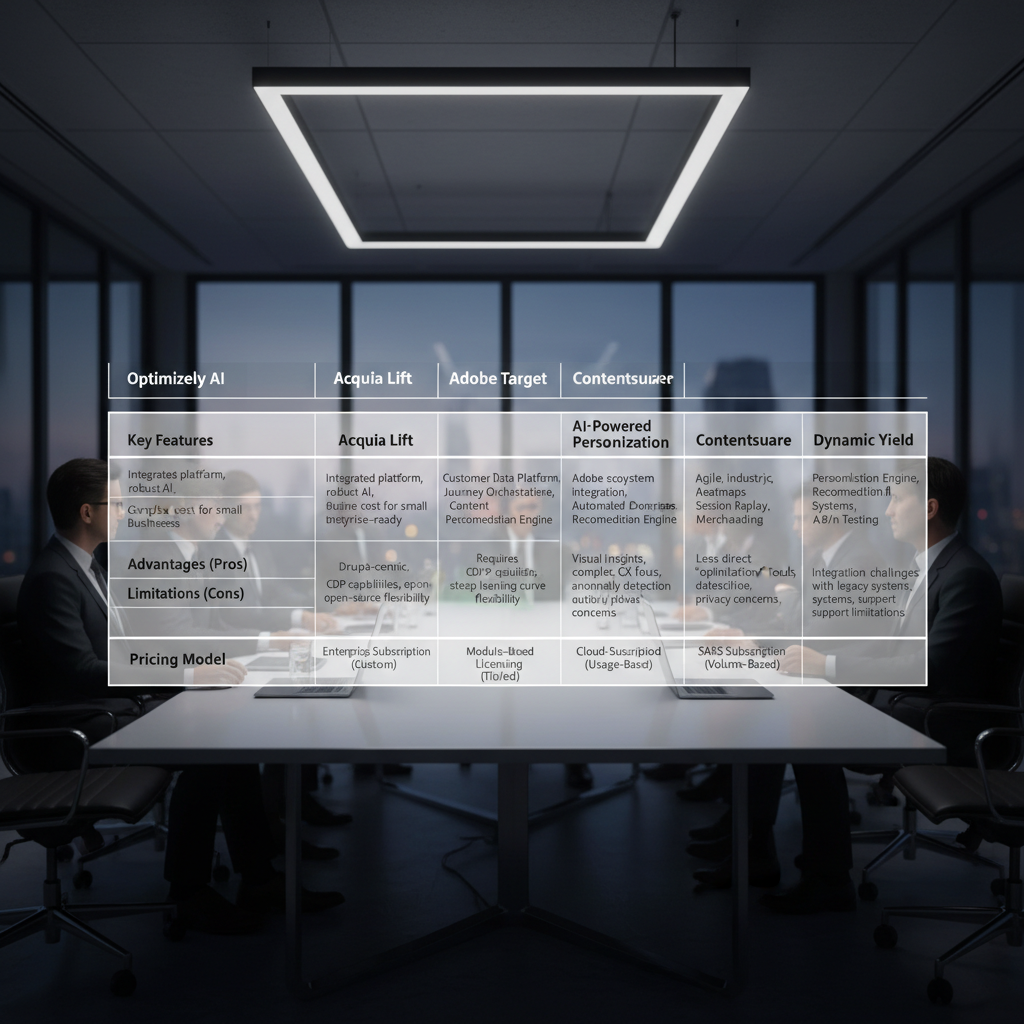 A comparison matrix displaying various AI website optimization tools with their key features, pros, cons, and pricing models, designed for easy comparison.