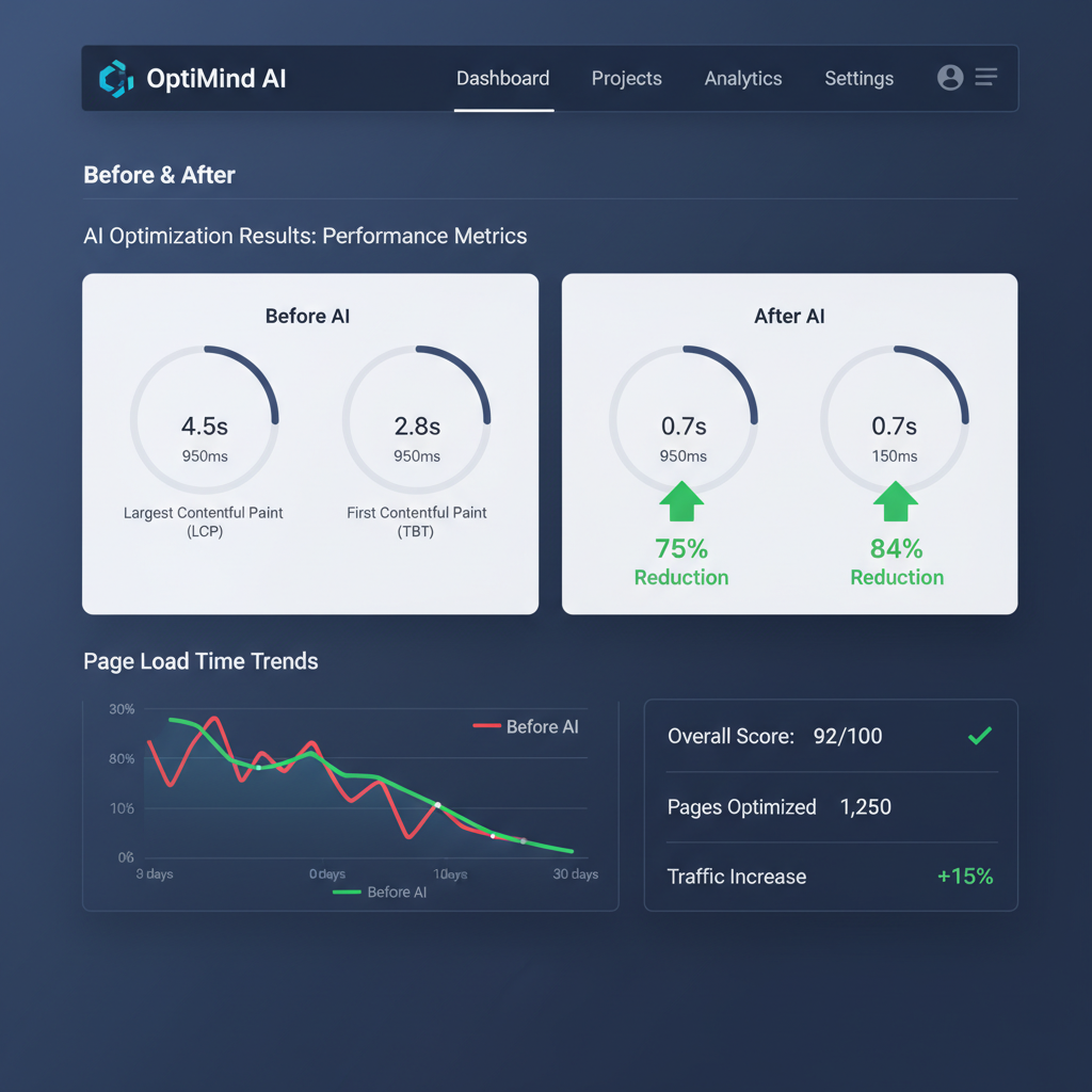 A dashboard screenshot from an AI website optimization tool, showing a clear 'Before & After' comparison of key performance metrics like LCP, FCP, and TBT, with significant improvements highlighted.