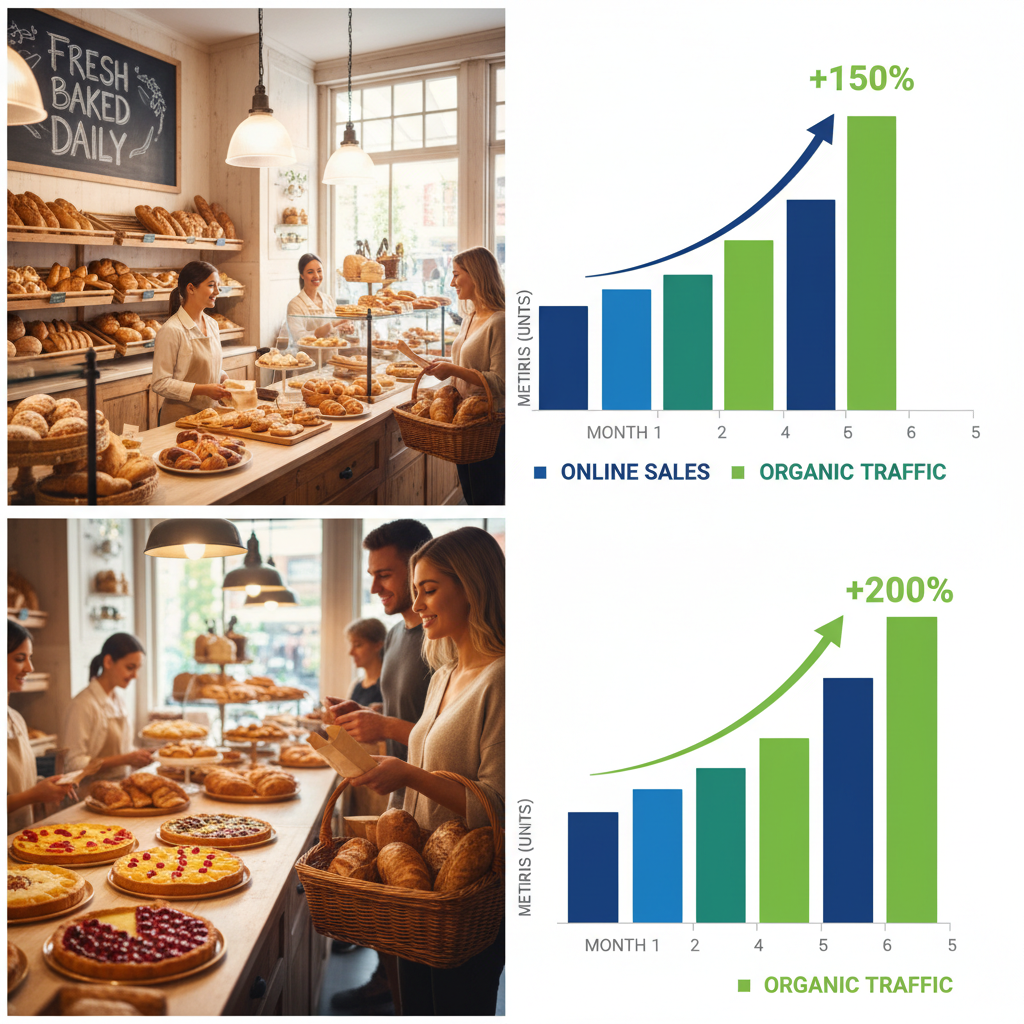 A split image showing a busy bakery with customers and a graph depicting a significant increase in online sales and organic traffic.