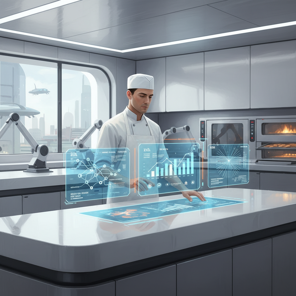 A futuristic kitchen display showing a baker interacting with an AI interface that projects real-time data on ingredient sourcing, customer demand, and SEO performance.