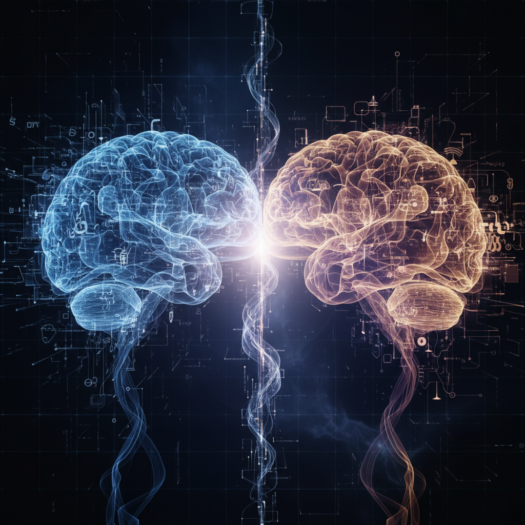 一个象征着平衡和整合的抽象图像，其中包含AI技术元素（如神经网络）和人类元素（如思维过程），在数字环境中交织，背景是柔和的光线和流畅的线条。