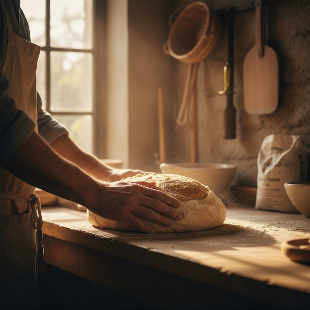 A skilled baker meticulously shaping a sourdough loaf in a sunlit artisanal bakery, surrounded by rustic baking tools.